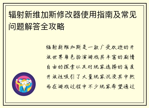 辐射新维加斯修改器使用指南及常见问题解答全攻略