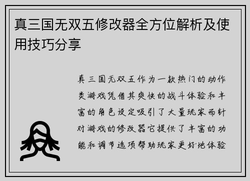 真三国无双五修改器全方位解析及使用技巧分享